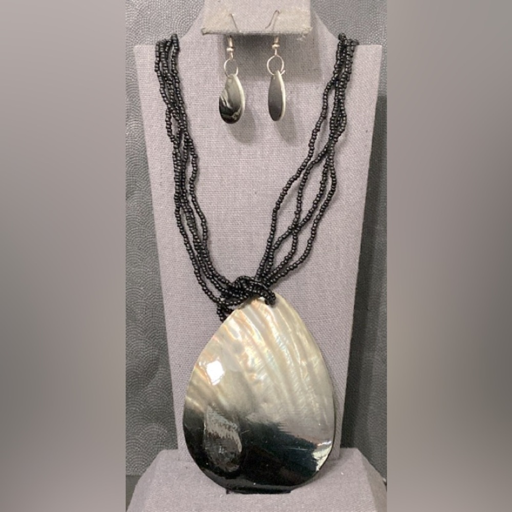#3 - Vintage mother of pearl pendant necklace with tiny black beaded necklace